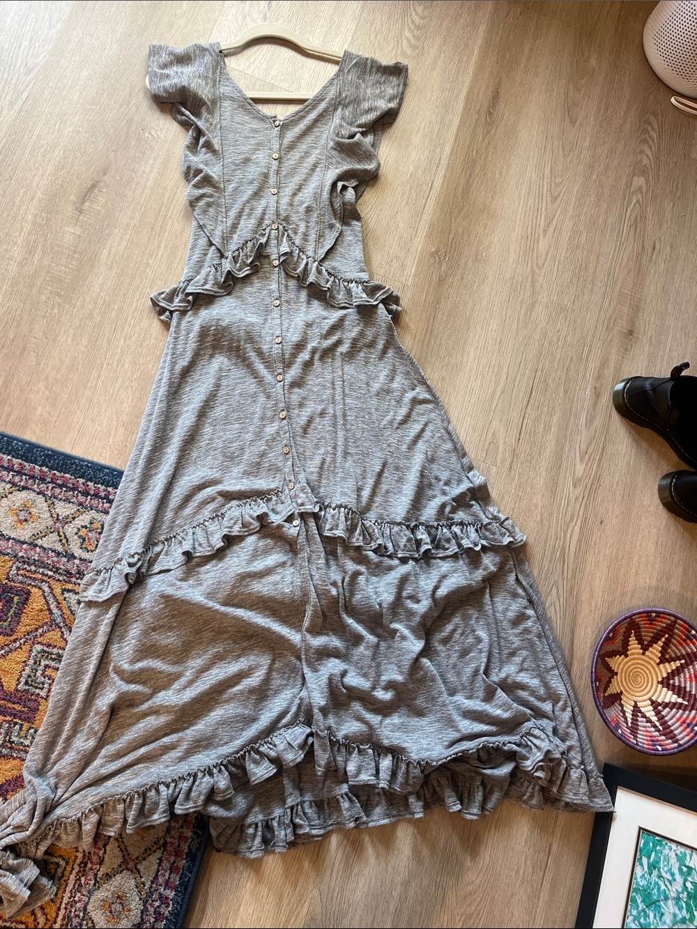 Free People Beach Gray Ruffle Button-Front Maxi Dress size small - Picture 2 of 4